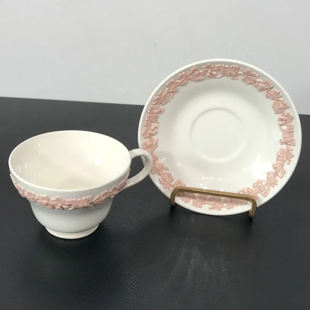 Wedgwood Etruria Embossed Queens Ware Pink on White Tea Cup Saucer Set England - Picture 5 of 16